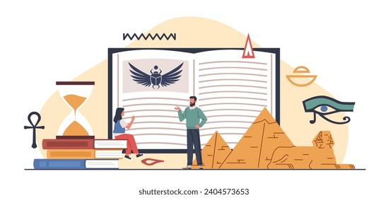 History lesson. Teacher tells student about ancient egypt, civilization development, school subject, culture element, ancient Egyptian civilization, cartoon flat nowaday vector concept