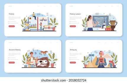 History lesson web banner or landing page set. History school subject, knowledge of the past and ancient civilization. Idea of science and education. Isolated vector illustration in flat style