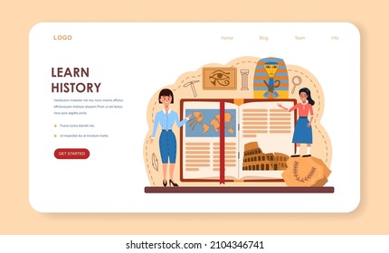 History lesson web banner or landing page. History school subject, knowledge of the past and ancient civilization. Idea of science and education. Isolated vector illustration in flat style