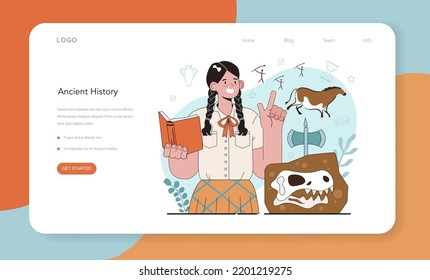 History lesson web banner or landing page. History school subject, knowledge of the past and ancient civilization. Idea of science and education. Vector illustration in flat style