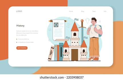 History lesson web banner or landing page. History school subject, knowledge of the past and ancient civilization. Idea of science and education. Vector illustration in flat style