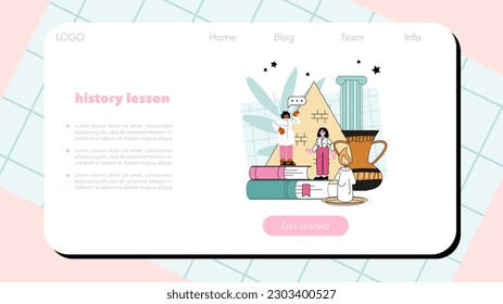 History lesson web banner or landing page. History school class. Studying of the past and ancient civilization culture. Research and education. Flat vector illustration