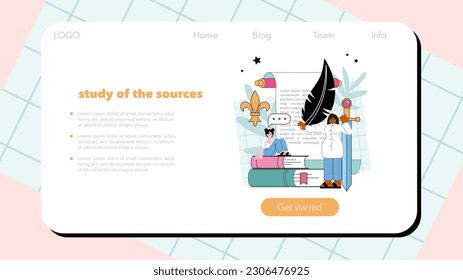 History lesson web banner or landing page. History school class. Studying of the past and ancient civilization culture. Research and education. Flat vector illustration