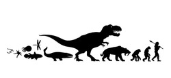 History Of Life On Earth. Timeline Of Evolution From Prehistoric Animals, Dinosaur, Saber Toothed Tiger, Monkey To Cave Man. Human Development. Silhouette Isolated. Hand Drawn Vector Illustration.