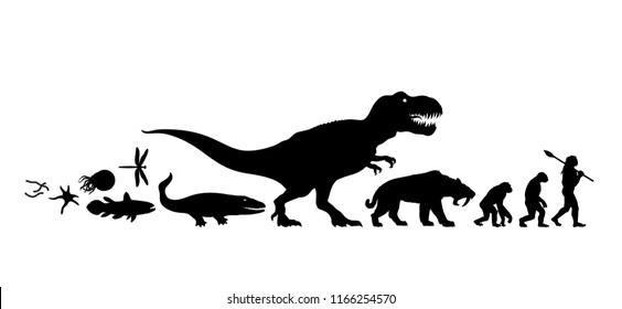 History Of Life On Earth. Timeline Of Evolution From Prehistoric Animals, Dinosaur, Saber Toothed Tiger, Monkey To Cave Man. Human Development. Silhouette Isolated. Hand Drawn Vector Illustration.