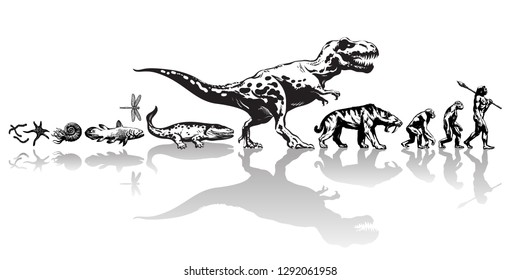 Historia de la vida en la Tierra. Cronología de la evolución de animales prehistóricos, dinosaurio, tigre dientes de sable, mono para caverna hombre. Esbozo vectorial dibujado a mano con reflexión aislada en fondo blanco.