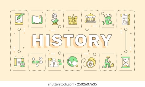 History light yellow word concept. School subject. Archeology. Ancient times. Academic discipline. Typography banner. Vector illustration with title text, editable icons color