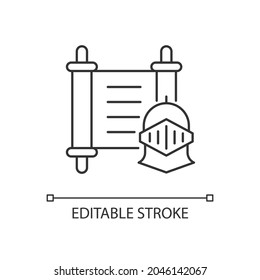 History linear icon. Medieval knight against background of ancient scroll. Cultural education. Thin line customizable illustration. Contour symbol. Vector isolated outline drawing. Editable stroke
