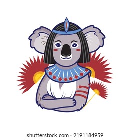 History logo of a koala in the form of a symbol of Cleopatra. Cartoon portrait of girl animal vector illustration in 2D style