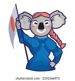 The History Logo Of A Koala Is In The Form Of A Symbol Of Joan Of Arc. Graphic Portrait Of A Girl Animal In A Vector Illustration In Flat Style