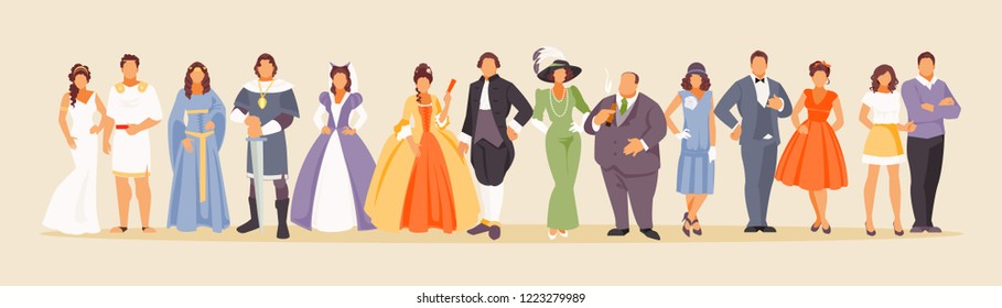 History of man and woman fashion from ancient times to the present. Development of mankind. Vector illustration of a large set of characters