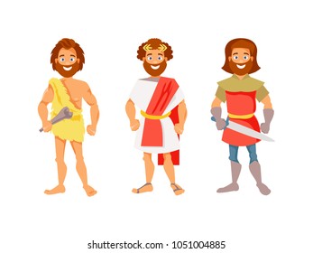 History of mankind. Cave, Roman and medieval men. Vector illustration