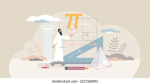 History Of Mathematics As Old Algebra And Geometry Times Tiny Person Concept. Ancient Greek Teacher With Fibonacci Numbers, Formulas, Algorithm And Equation Skills Vector Illustration. Theory Thinking