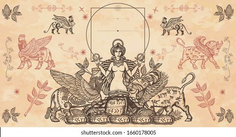 History Of  Middle East. Assyrian Culture Frame. Mesopotamian Art. Ancient Sumerian Civilization. Historical Background. Winged Bull, Pyramids, Goddess Ishtar 