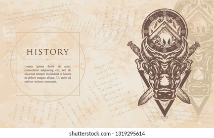 History. Minotaur, crossed swords and spartan shield. Renaissance background. Medieval manuscript, engraving art 