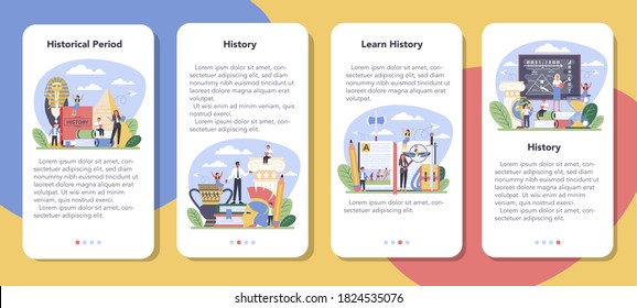 Juego de banners de aplicación móvil de historial. asignatura de la escuela de historia. Idea de ciencia y educación. Conocimiento del pasado y de la antigüedad. Ilustración vectorial aislada en estilo plano