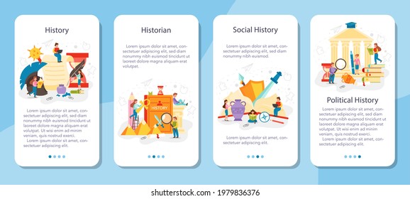 History mobile application banner set. History school subject. Idea of science and education. Knowledge of past and ancient times. Isolated vector illustration in flat style