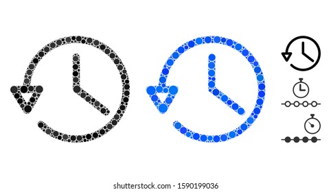 History mosaic of spheric dots in various sizes and color hues, based on history icon. Vector round dots are composed into blue mosaic. Dotted history icon in usual and blue versions.