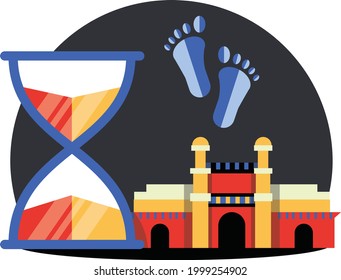 History multi-colored icon set for school education showing hourglass, footprints and ancient monuments