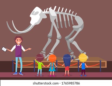 History museum excursion for kids vector, teacher with notes talking about mastodon skeleton. Remains of mammoth with tusks, tutor and students, back to school concept. Flat cartoon exhibition