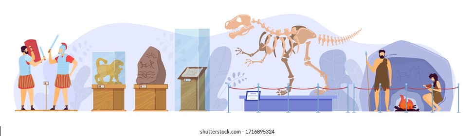 History museum exhibition, archaeological artifacts, dinosaur skeleton and caveman people vector illustration. Human civilization from Stone age to Roman legionaries. Preserved ancient manuscript