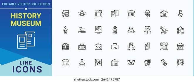 History Museum icon set. Related to art, culture, exhibition, antique, ancient, history, historical and more. Museum line icon set. Thin line icons set. Editable stroke.