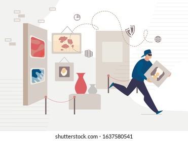 History Museum Man Thief Stealing Picture Crime Scene. Art Gallery Interior. Male Robber Character in Mask Running Away with Stolen Famous Historical Figure Portrait Artwork. Vector Illustration