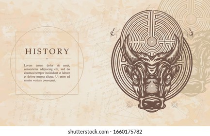 History. Myths of Ancient Greece. Minotaur and labyrinth. Renaissance background. Medieval manuscript, engraving art. Angry bull head 