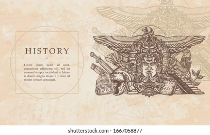 History of the old world. Totem Maya, Egypt gods, pyramids of sumers, helmet and sword Roman gladiator. Renaissance background. Medieval manuscript, engraving art 