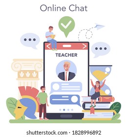 History online service or platform. History school subject. Idea of science and education. Online chat with professor. Isolated vector illustration