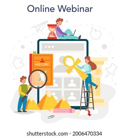 History online service or platform. History school subject. Idea of science and education. Knowledge of past and ancient times. Online webinar. Flat vector illustration
