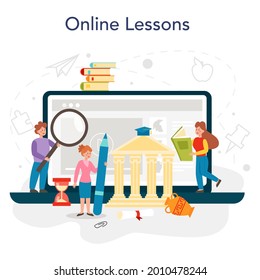 History online service or platform. History school subject. Idea of science and education. Knowledge of past and ancient times. Online lesson. Flat vector illustration