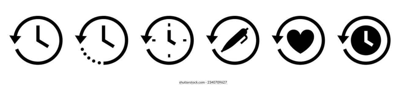 Juego de iconos vectoriales de eventos anteriores al historial. Iconos del historial de cuentas. El reloj retrocede en el tiempo. Círculo de la flecha hacia atrás del tiempo pasado negro. Reloj, iconos de tiempo. Ilustración del vector