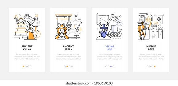 History periods - modern line design style web banners with copy space for text. Symbols of Ancient China and Japan, vikings and Middle ages carousel posts. Education, culture and history idea