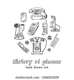 History of phones hand drawn doodle set. Sketches. Vector illustration for design and packages product. Symbol collection.