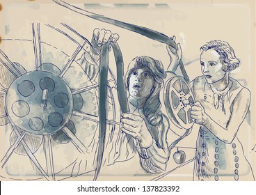 From history to the present - the art of film: Working in film editing room. /// Hand drawing illustration converted into vector (4 layers).