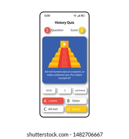 History quiz smartphone interface vector template. Mobile app page white design layout. Questions and answers options screen. Flat UI for application. Intellectual game phone display
