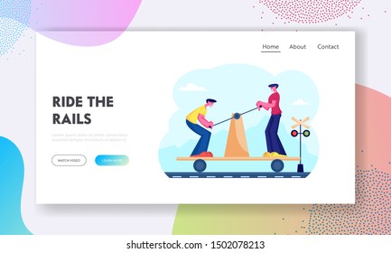 History Railroad Vehicle Website Landing Page. Men Riding Draisine Handcar Railway Bicycle Transport along Railway Track Trying to Overtake Train Web Page Banner. Cartoon Flat Vector Illustration