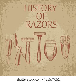 History of razors vector stock illustration. Vintage grunge vector drawing