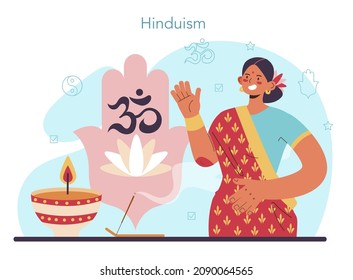 History of a religion concept. Scientist study human religious ideas and its development. People of different religions. Hinduism. Flat vector illustration