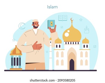 History of a religion concept. Scientist study human religious ideas and its development. People of different religions. Islam. Flat vector illustration