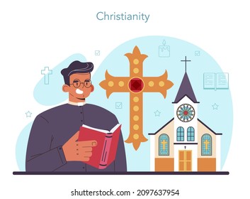 Historia de un concepto religioso. Los científicos estudian las ideas religiosas humanas y su desarrollo. Personas de diferentes religiones. Cristianismo. Ilustración vectorial plana