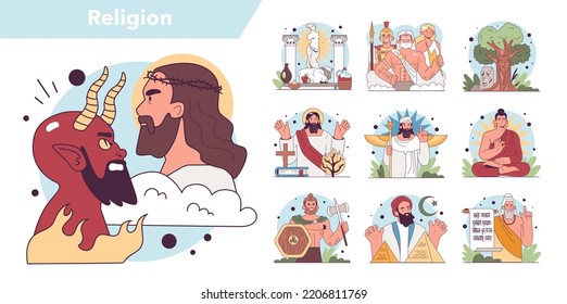 History of a religion concept set. Human religious ideas and its historical development. Different religions symbols. Ancient people afterlife ideas. Flat vector illustration