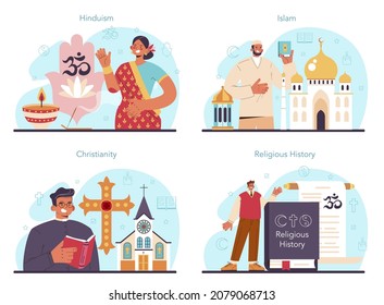 History of a religion concept set. Scientist study human religious ideas and its development. People of different religions. Christianity, Islam, Hinduism. Flat vector illustration