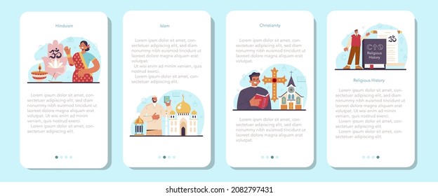 History Of A Religion Mobile Application Banner Set. Scientist Study Human Religious Ideas And Its Development. People Of Different Religions. Christianity, Islam, Hinduism. Flat Vector Illustration