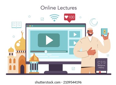History of a religion online service or platform. Scientist study human religious ideas and its development. Online lecture. Flat vector illustration