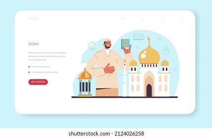 History of a religion web banner or landing page. Scientist study human religious ideas and its development. People of different religions. Islam. Flat vector illustration