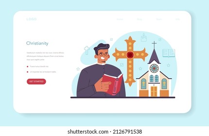 History of a religion web banner or landing page. Scientist study human religious ideas and its development. People of different religions. Christianity. Flat vector illustration