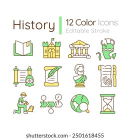 History RGB color icons set. School subject. Archeology and anthropology. Ancient times. Academic discipline. Isolated vector illustrations. Simple filled line drawings collection. Editable stroke