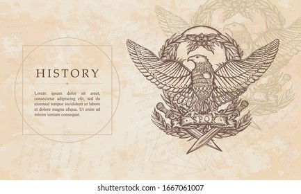 History. Roman Empire. Imperial Eagle And Crossed Swords. Ancient Rome Art. Renaissance Background. Medieval Manuscript, Engraving Art 